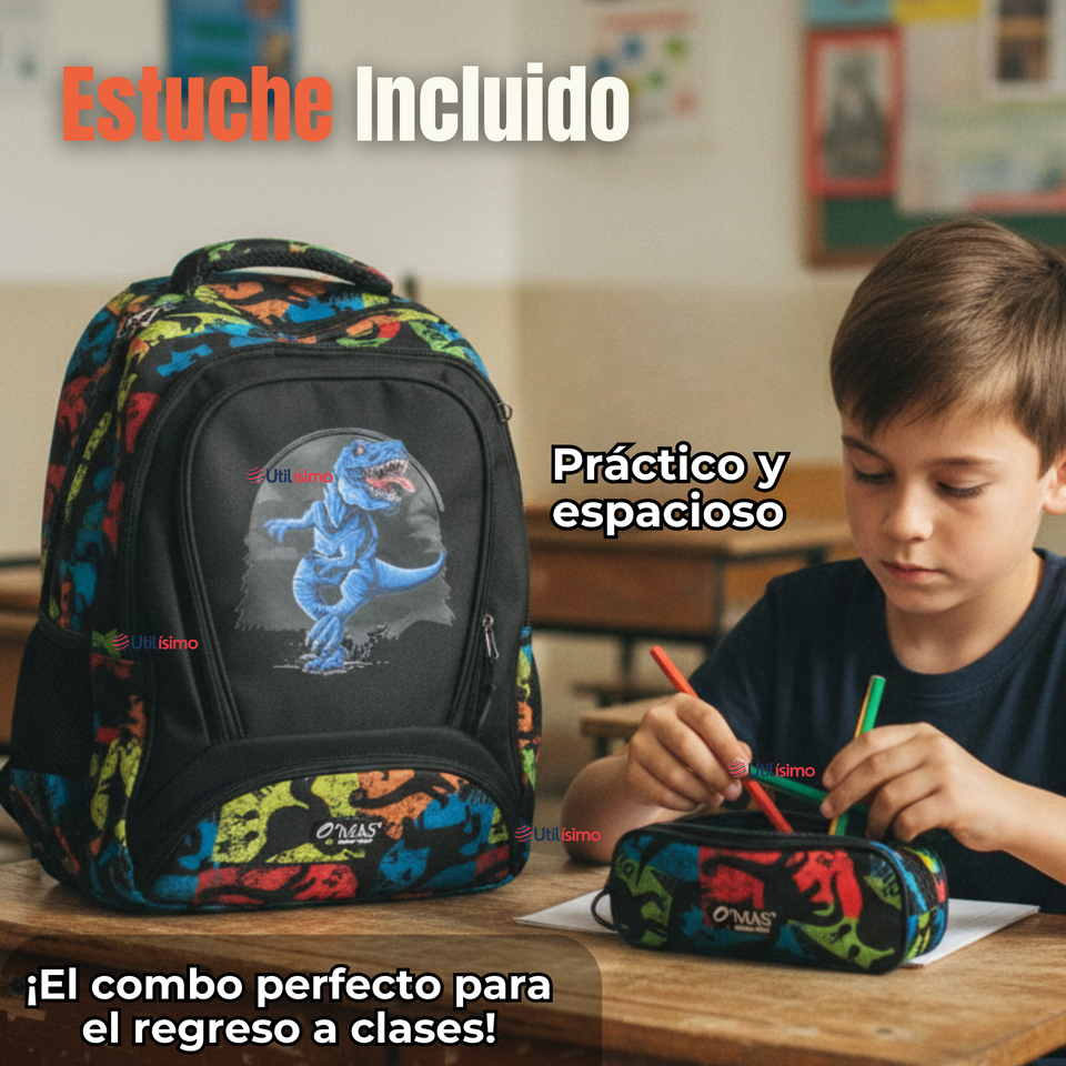 Mochila Escolar Kit Con Estuche y Lonchera 43cm Tela Oxford Dino Niño