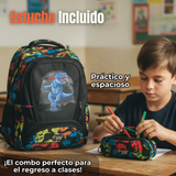 Mochila Escolar Kit Con Estuche y Lonchera 43cm Tela Oxford Dino Niño