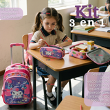 Mochila Escolar Kuromi 3D Con Ruedas Desmontable + Estuche + Lonchera Poliéster Rosa Niña