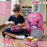 Mochila Escolar Kuromi 3D Con Ruedas Desmontable + Estuche + Lonchera Poliéster Rosa Niña