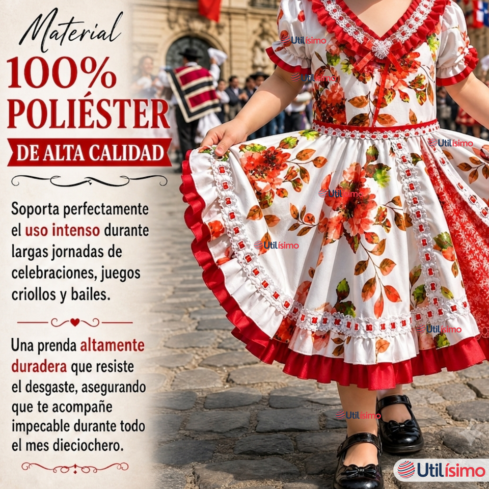 Vestido Chinita Huasa Niña Rojo Floreado Cueca Fiestas Patrias