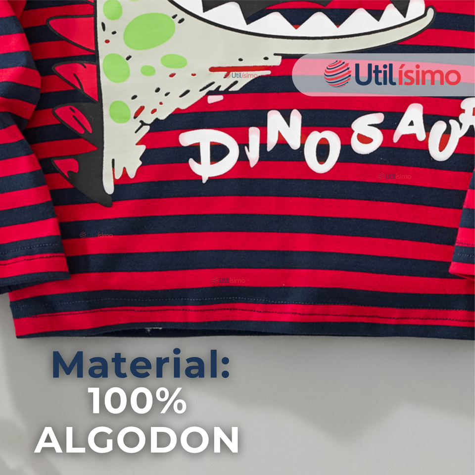 Polera Manga Larga Niño 100% Algodón Dinosaurio Rojo Camiseta