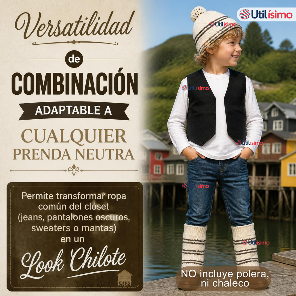 Pack 3 Set Chilote De Gorro Polainas Tipico Niño Fiestas Patrias