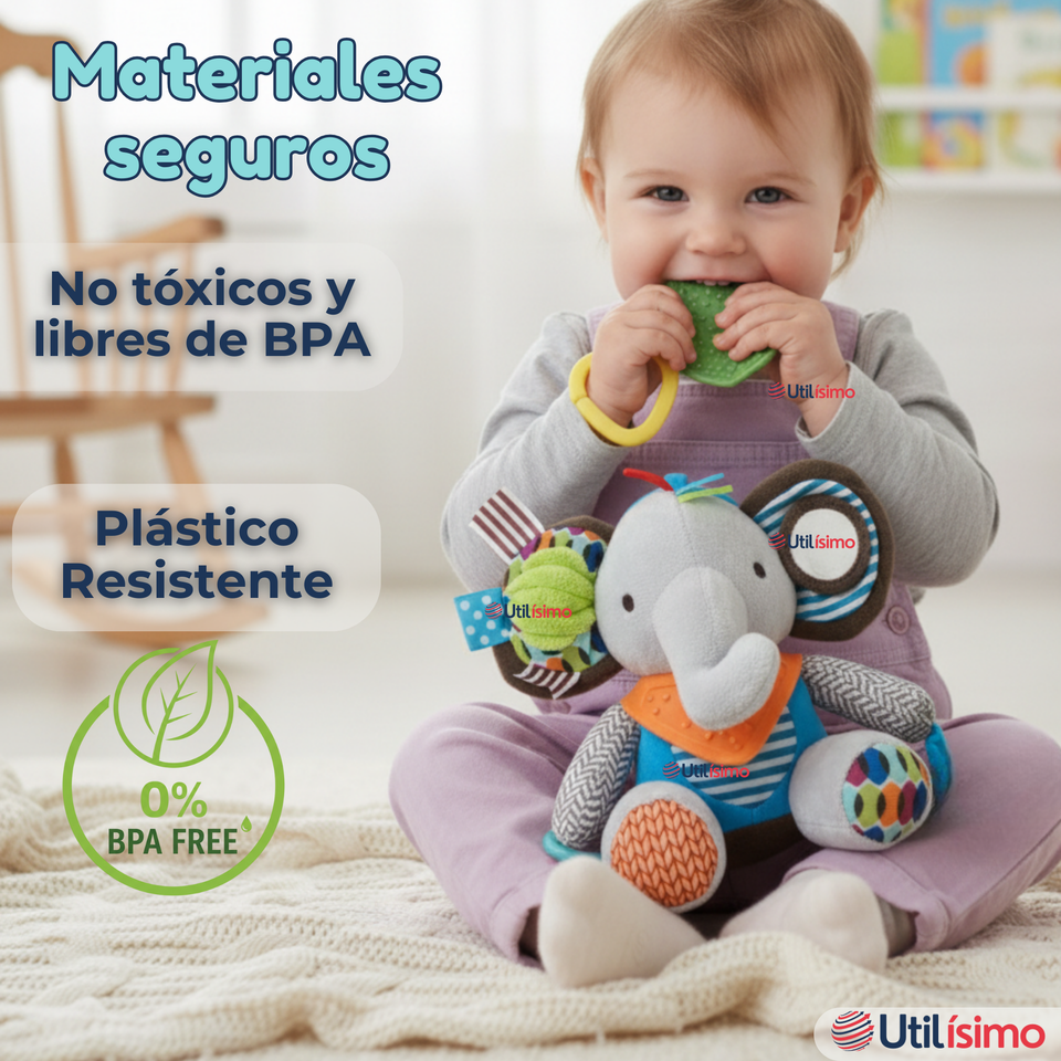 Juguete Peluche Animales Sensorial Con Mordedor Y Sonajero Diseño Elefante Niña y Niño