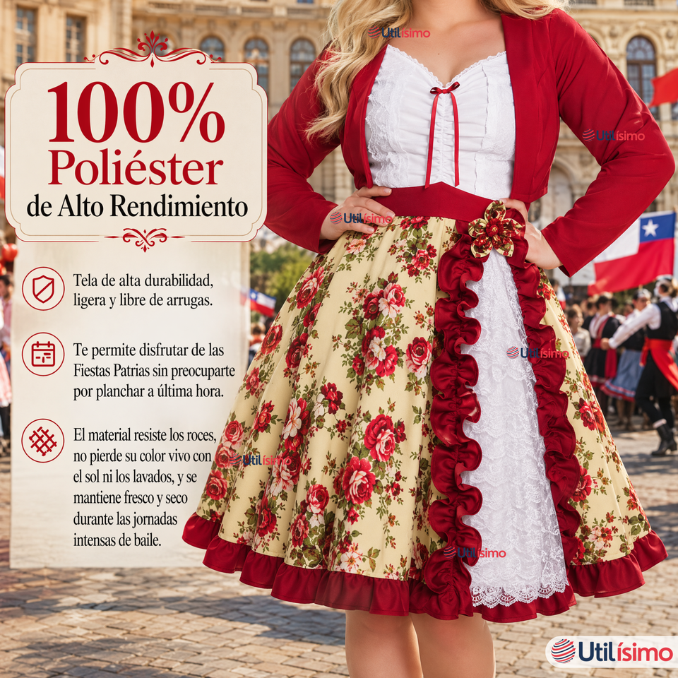 Vestido Chinita Huasa Mujer 2 Piezas Burdeo Floreado Cueca Fiestas Patrias