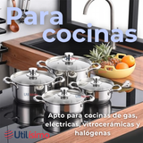 Mini Batería de Cocina 10 Piezas de Acero Inoxidable con Tapa de Vidrio Templado