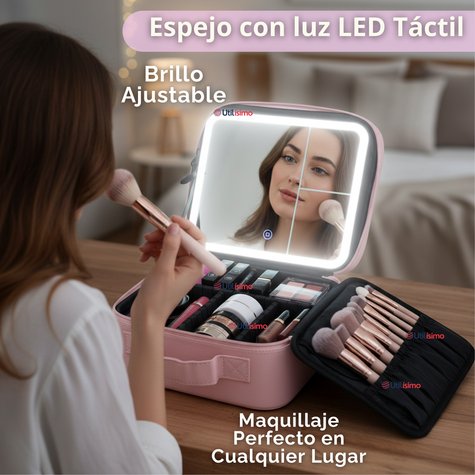 Estuche Maquillaje 2 en 1 Bolso Cosmetiquero Espejo Con Luz Led Organizador
