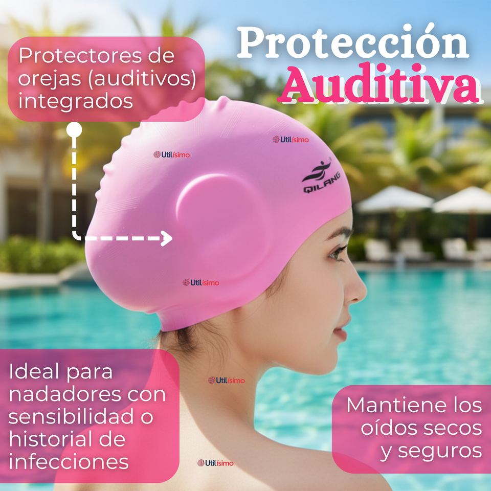 Gorro Natación Baño Con Protector De Orejas Silicona Color Rosado 12 años en adelante