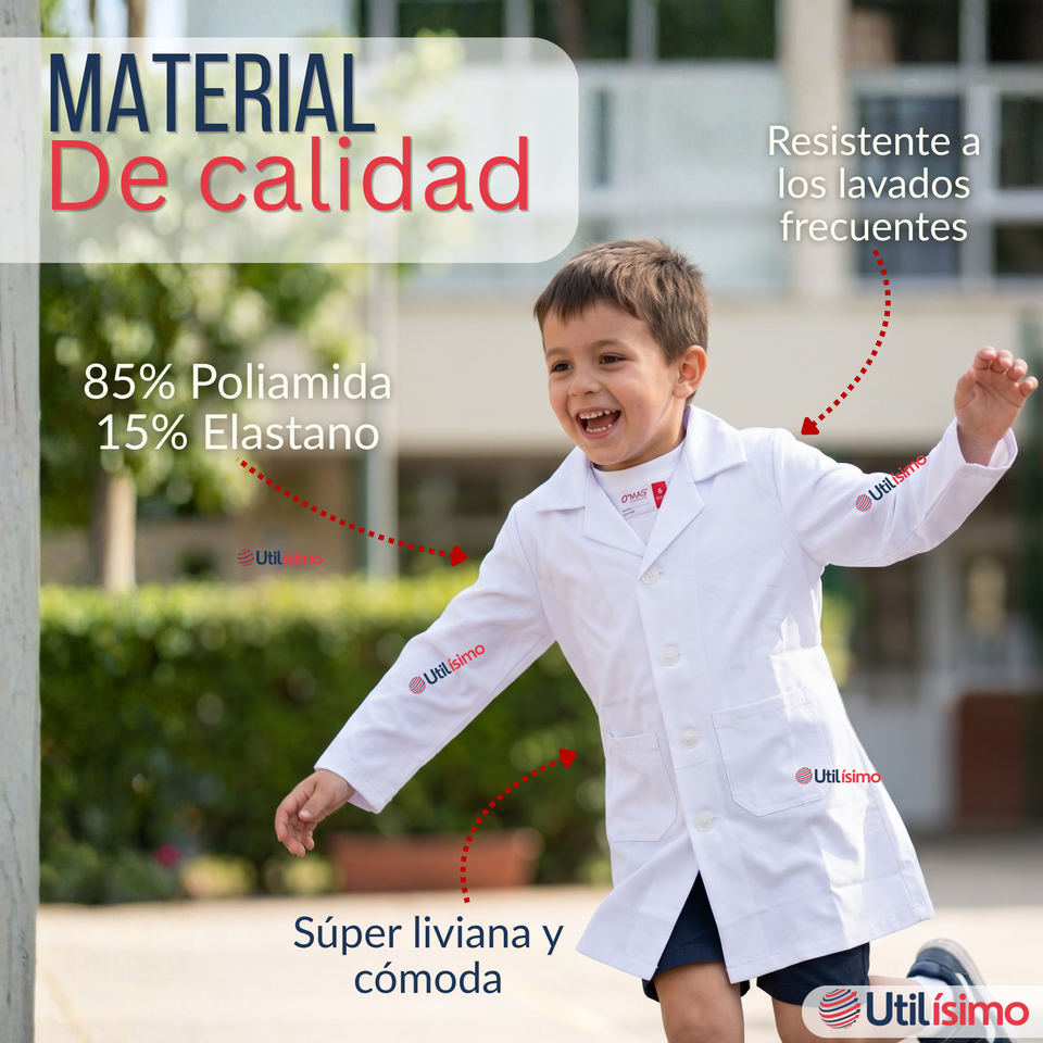 Cotona Delantal Blanca Escolar Colegio Unisex Niño Niña Manga Larga