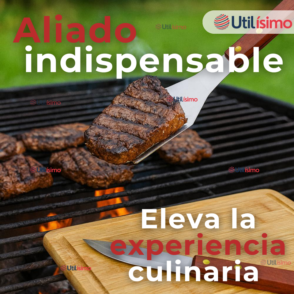 Kit Parrillero 3 Piezas Pinza Espátula Tenedor Para Asados Mango Madera Acero Inoxidable