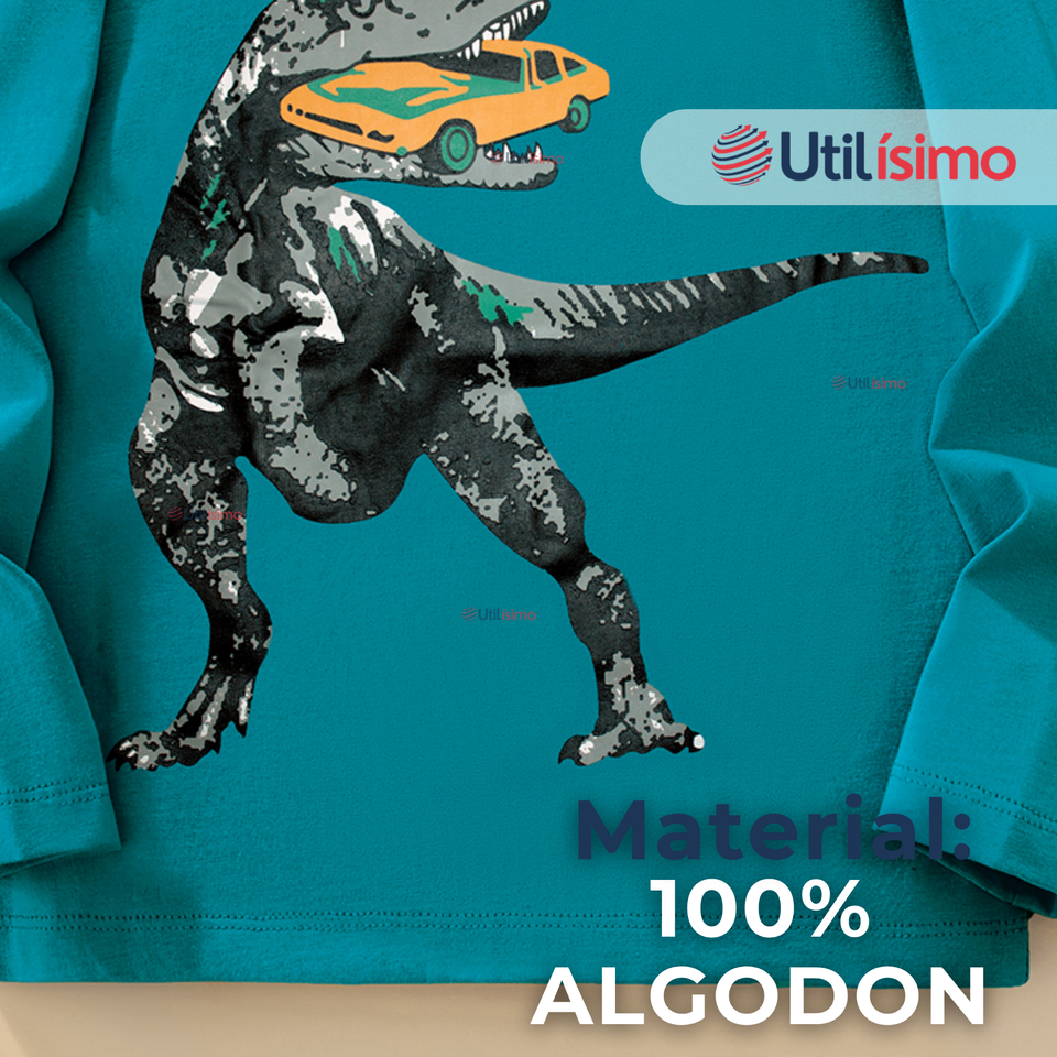 Polera Manga Larga Niño 100% Algodón Dinosaurio Verde Camiseta