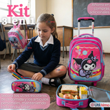 Mochila Escolar Kuromi 3D Con Ruedas Desmontable + Estuche + Lonchera Poliéster Rosa Niña