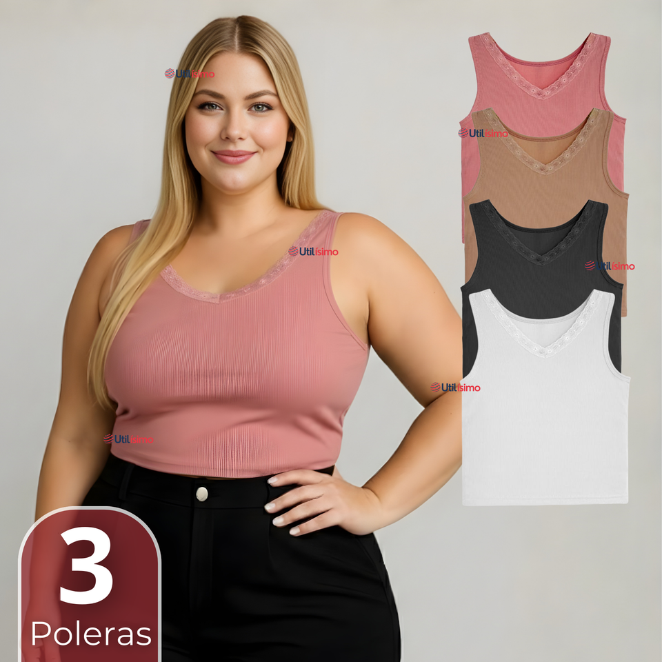 Pack 3 Camisetas Poleras Sin Mangas Tela Acanalada Algodón Mujer Colores Surtidos