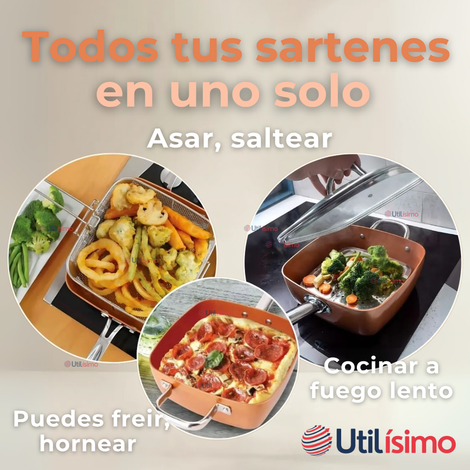 Sartén Antiadherente De Cobre Multiuso 3 en 1 Aceite Profundo Cesta Para Freír Vaporera