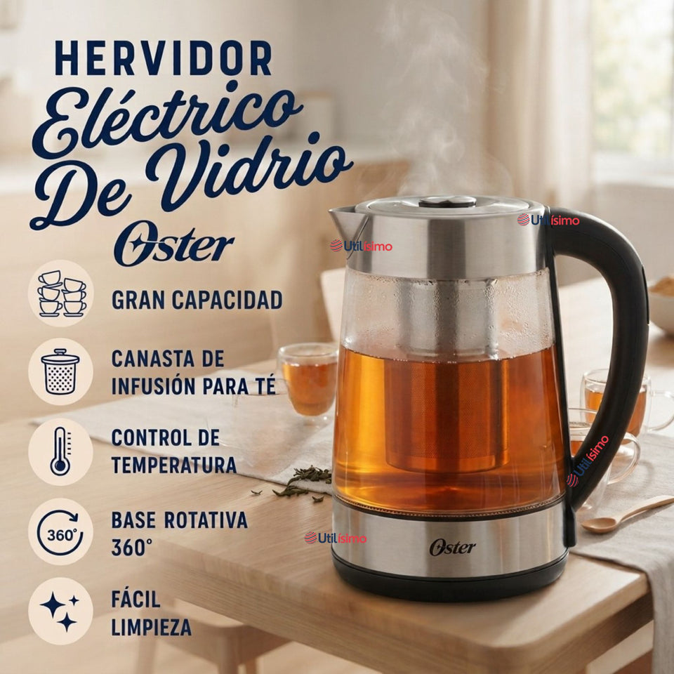 Hervidor eléctrico de vidrio Oster con Selector de temperatura e infusor de té BVSTKT8990
