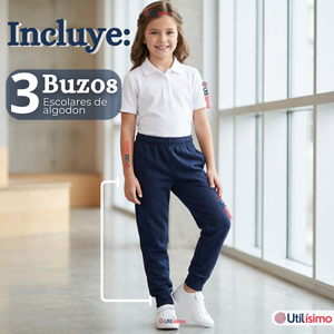 Pack 3 Buzos Pantalones Escolares Niños Unisex 100% Algodón Azul Bota Acanalada 3 a 16 años