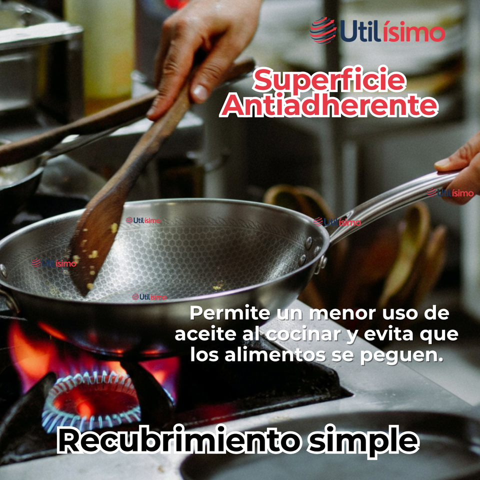 Sartén Wok Acero Inoxidable Antiadherente 34cm +Cuchara de Madera Bambú