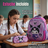 Mochila Kuromi Escolar Con Ruedas + Estuche + Lonchera Desmontable Poliéster Lila Niña