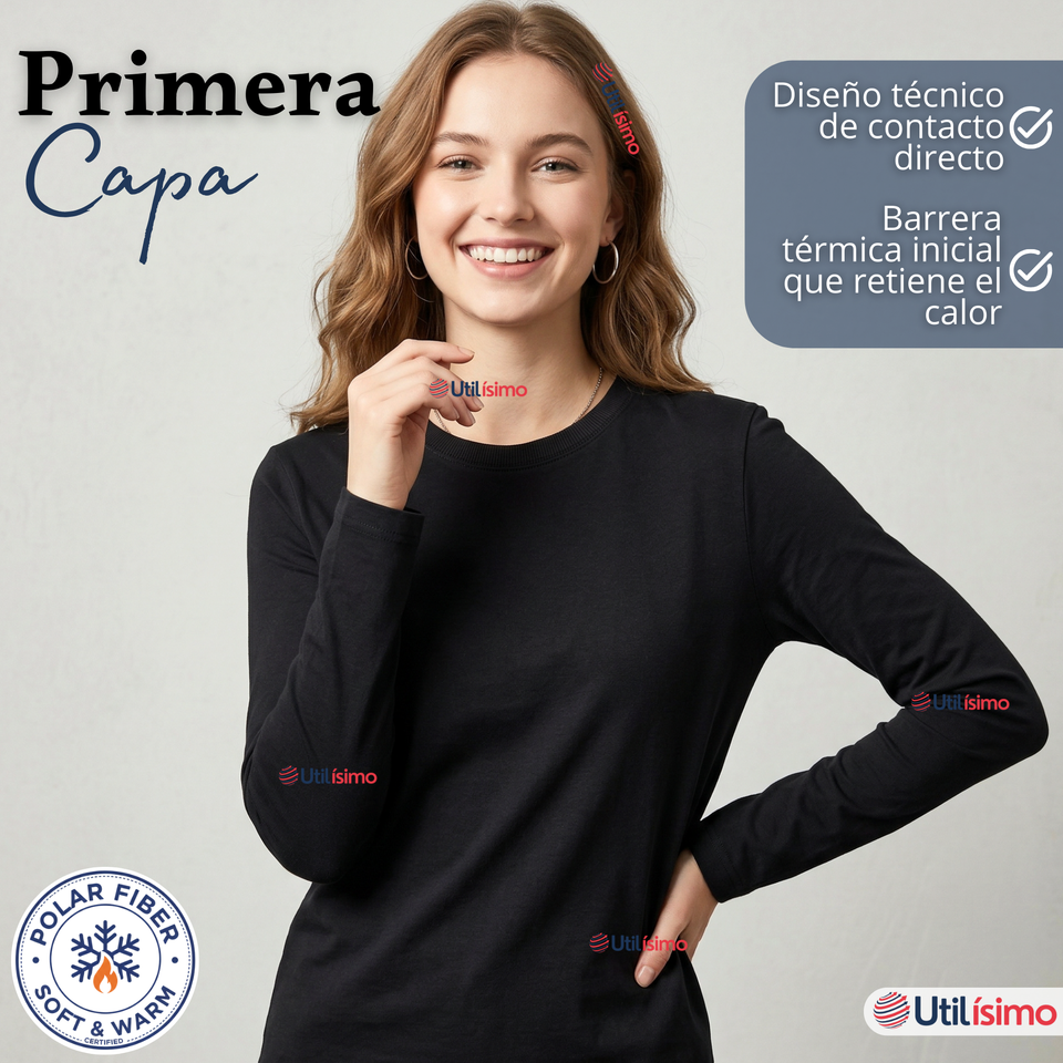 Camiseta Polera Polar Primera Capa Negro Manga Larga Mujer