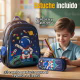Mochila Escolar Con Ruedas + Estuche + Lonchera Poliéster Astronauta Niño