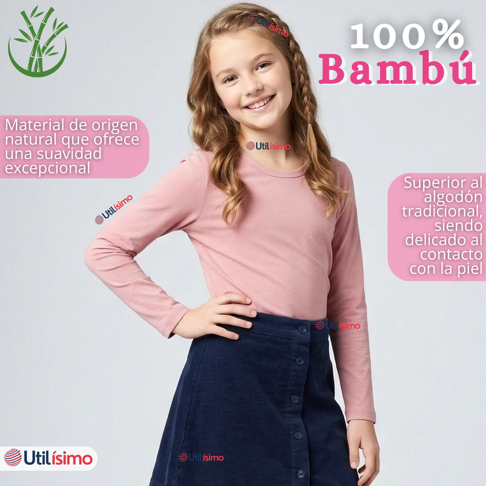 Pack 3 Camisetas Poleras Bambú Cuello Redondo Rosado Claro Primera Capa Manga Larga Niña