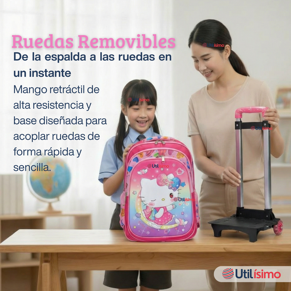 Mochila Escolar Hello Kitty Dreams Con Ruedas Desmontables + Estuche + Lonchera Niña Poliéster