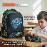 Mochila Escolar Kit Con Estuche y Lonchera 43cm Tela Oxford Rock Star Niño