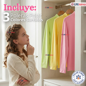 Pack 3 Poleras Camisetas Polar Primera Capa Cuello Beatle Manga Larga Colores Surtido Niña