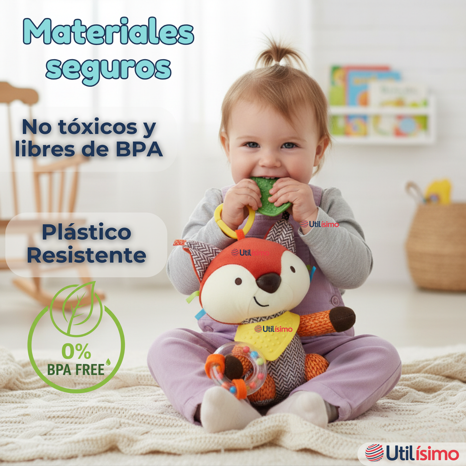 Juguete Peluche Animales Sensorial Con Mordedor Y Sonajero Diseño Zorrito Niña y Niño