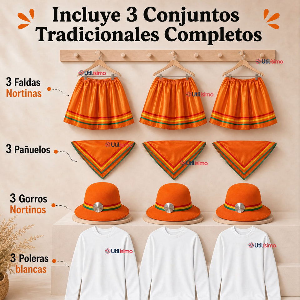 Pack 3 Trajes Nortinos Juveniles Con Poleras 4 Piezas Naranja Baile Típico Fiestas Patrias