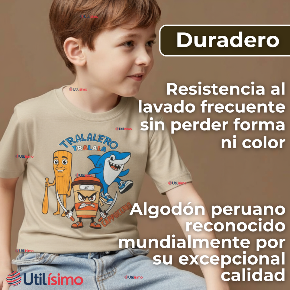 Polera Brainrots 100% Algodón Manga Corta Niño Tralalero Beige