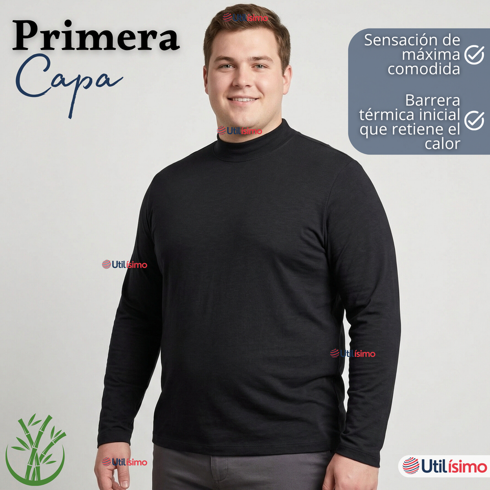 Camiseta Polera Bambú Primera Capa Cuello Beatle Manga Larga Negro Hombre