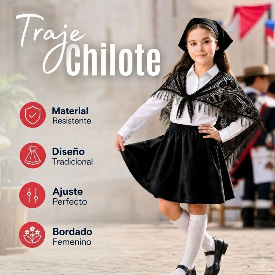 Traje Chilote Niña Negro Fiestas Patrias 3 Piezas Tradicional Chilota