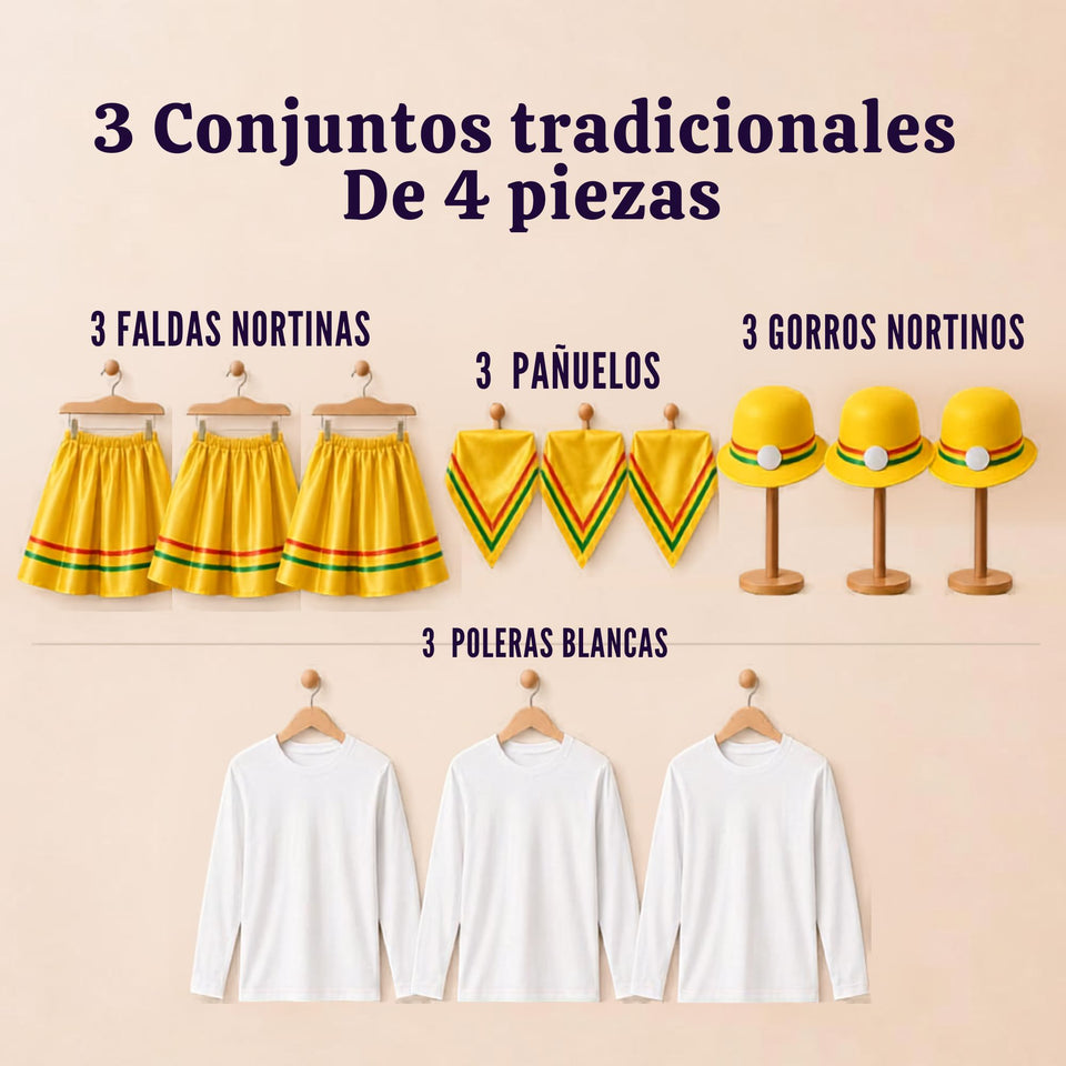 Pack 3 Trajes Nortinos Juvenil Con Poleras 4 Piezas Amarillo Baile Típico Fiestas Patrias