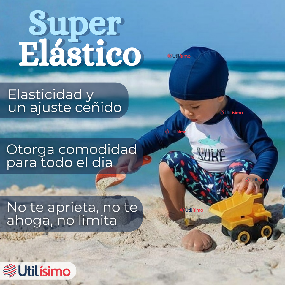 Traje de Baño Con Gorro Pantalón Corto Manga Larga 3 Piezas Corte Split Niño 3 a 9 años Blue Surf