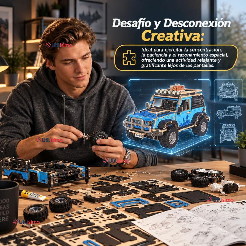 Puzzle 3D Jeep 4x4 Azul de Madera 132 Piezas Juguete Armable