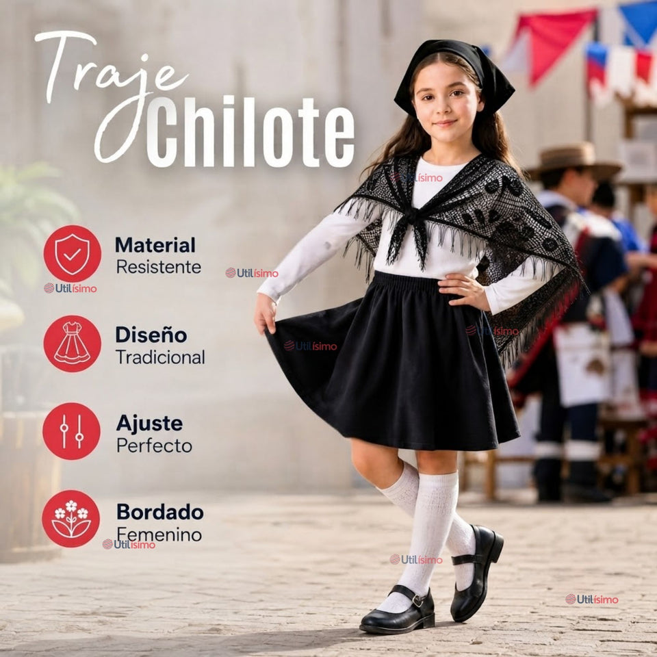 Traje Chilote Niña Negro Fiestas Patrias Con Polera 4 Piezas Tradicional Chilota