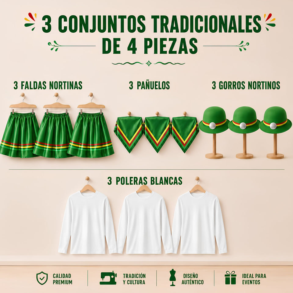 Pack 3 Trajes Nortinos Juvenil Con Poleras 4 Piezas Verde Baile Típico Fiestas Patrias