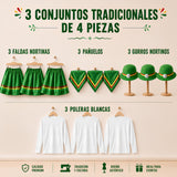 Pack 3 Trajes Nortinos Juvenil Con Poleras 4 Piezas Verde Baile Típico Fiestas Patrias