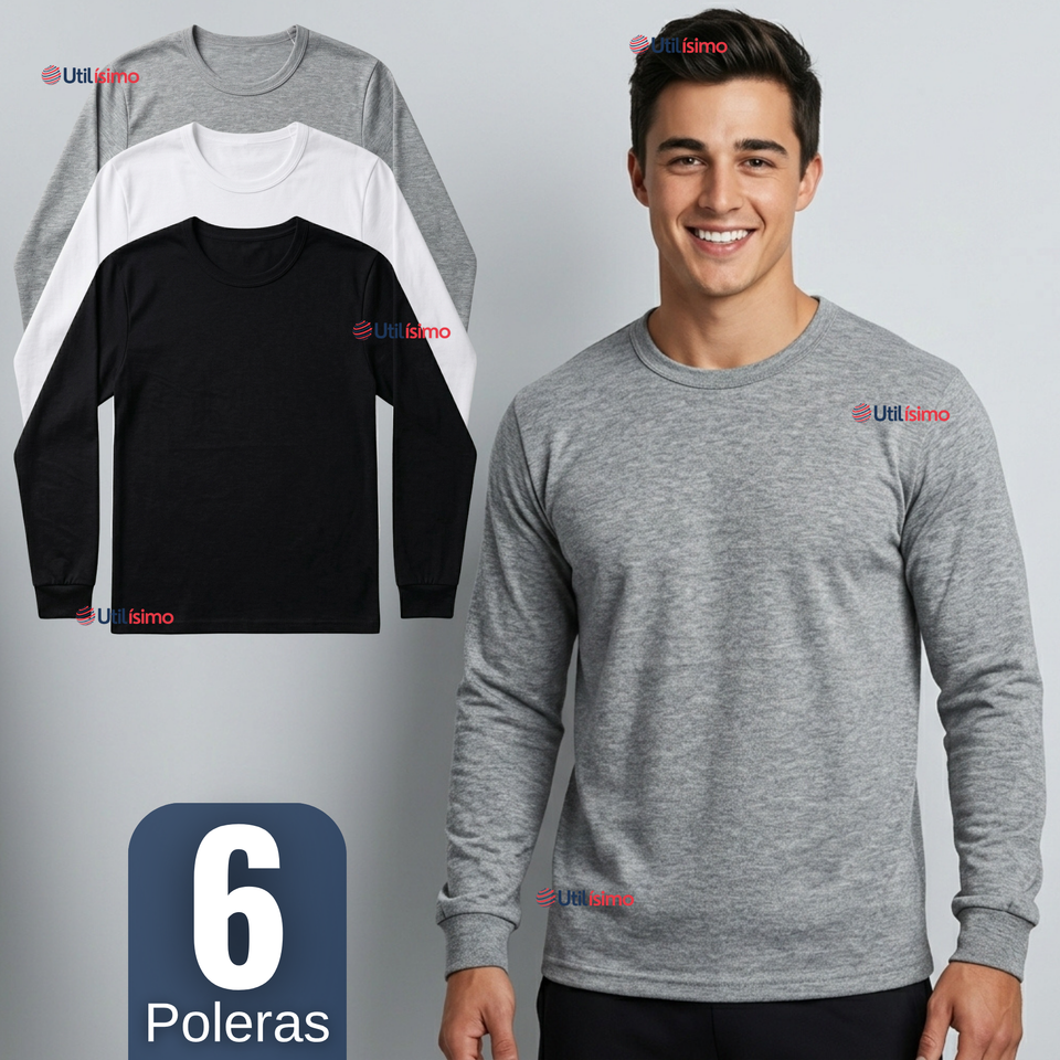 Pack 6 Camisetas Poleras Algodón Primera Capa Manga Larga Hombre Cuello Redondo