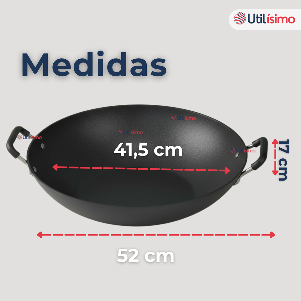 Wok Chino Acero Inoxidable Antiadherente 34cm+ Cuchara de Madera de Bambú