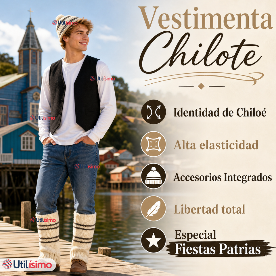 Vestimenta Chilote 3 Piezas Chaleco Gorro Polainas Hombre Fiestas Patrias