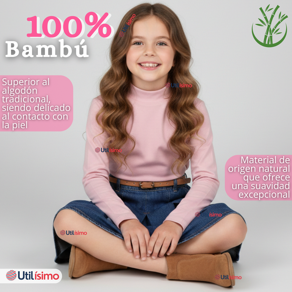 Pack 3 Poleras Camisetas Bambú Cuello Beatle Primera Capa Rosado Claro Manga Larga Niña