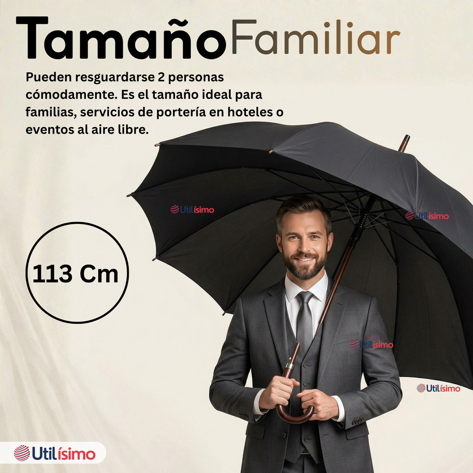 Paraguas Impermeable Grande 113Cm Sombrilla Automática Mango Largo Negro