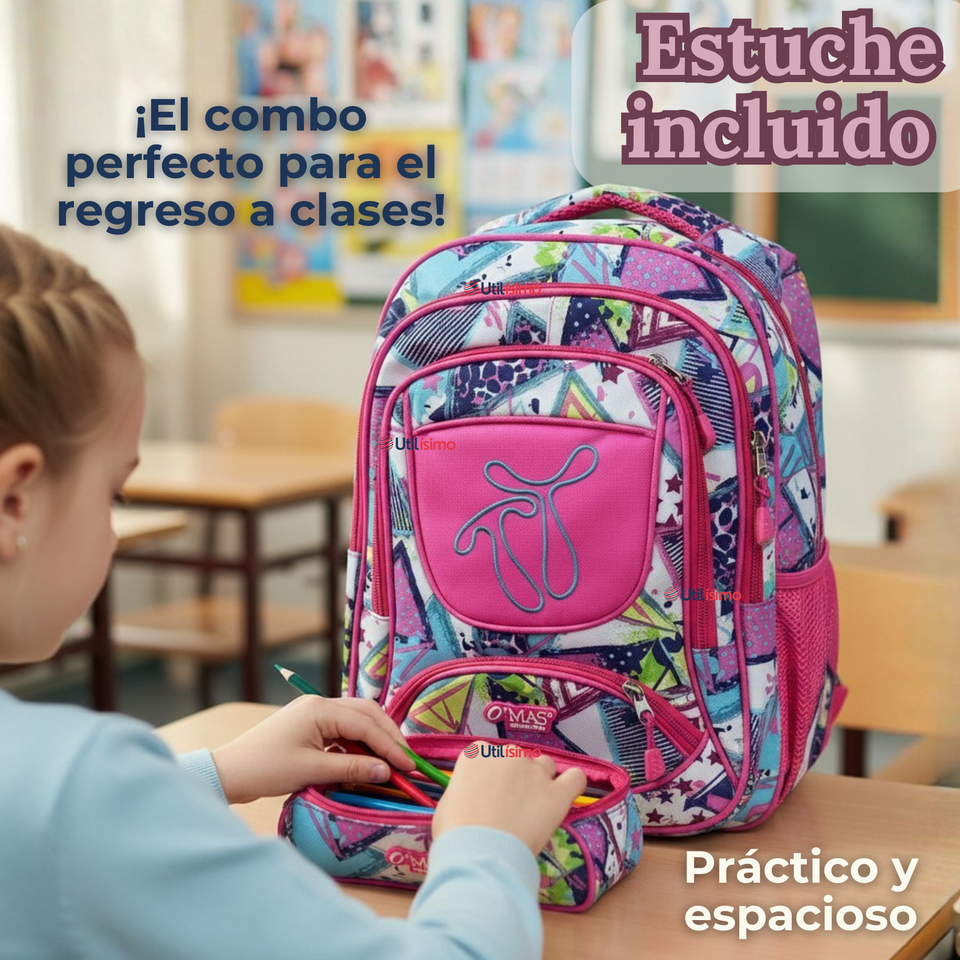 Mochila Escolar Con Estuche 43cm Tela Oxford Impermeable Niña