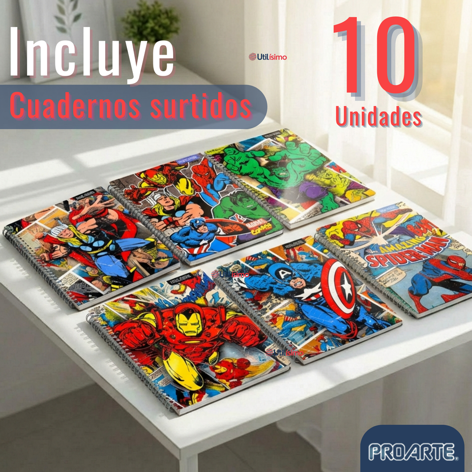 Pack 10 Cuadernos Universitarios Marvel Comics 100 Hojas Proarte Diseño Surtido
