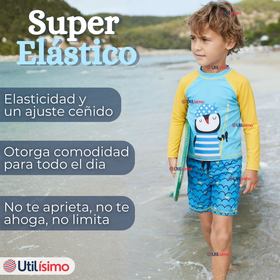 Traje de Baño Manga Larga Pantalón Corto 2 Piezas Corte Split Niño 3 a 9 años Blue Penguin