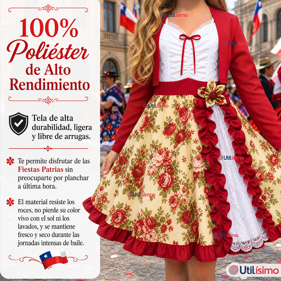 Vestido Chinita Huasa Juvenil 2 Piezas Burdeo Floreado Cueca Fiestas Patrias