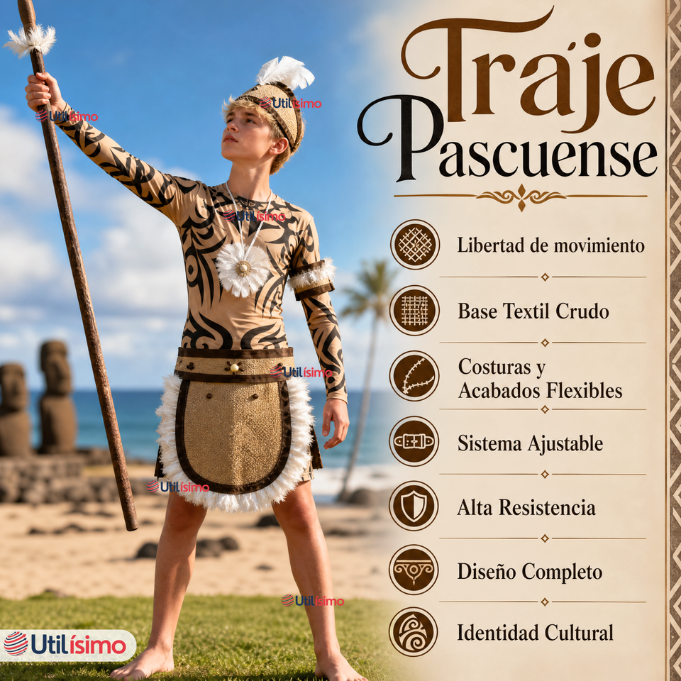 Traje Pascuense Completo 5 Piezas Polera Tatuajes Juvenil Rapa Nui Fiestas Patrias