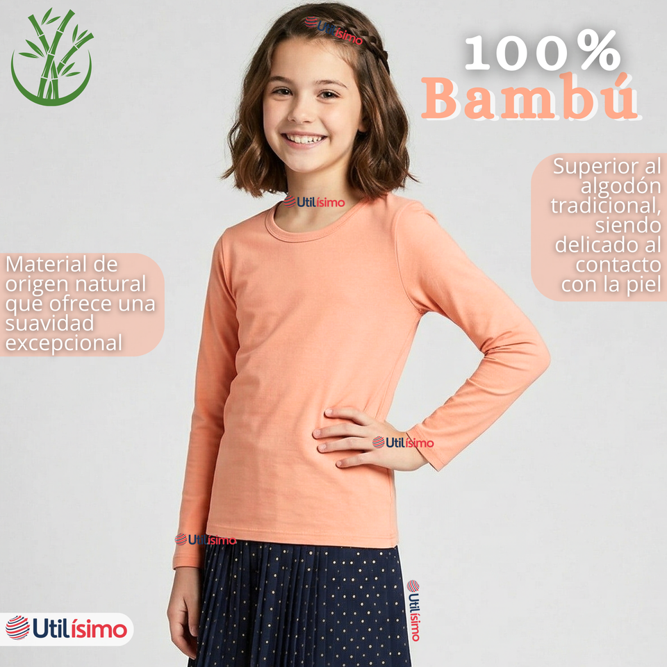 Camiseta Polera Bambú Cuello Redondo Salmón Primera Capa Manga Larga Niña